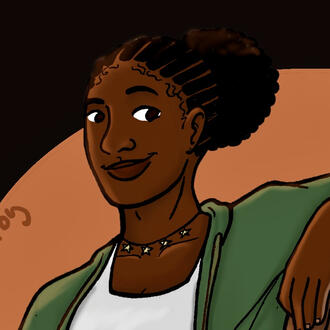 A drawing of a Black woman with her curly hair in a ponytail, smiling.
