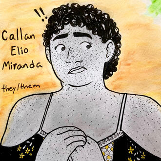 A drawing of an Afrolatine person with short hair looking nervous.