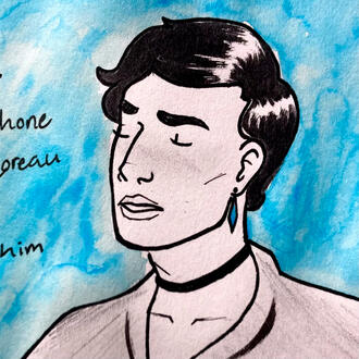 A drawing of a white person with short black hair looking deep in conversation.