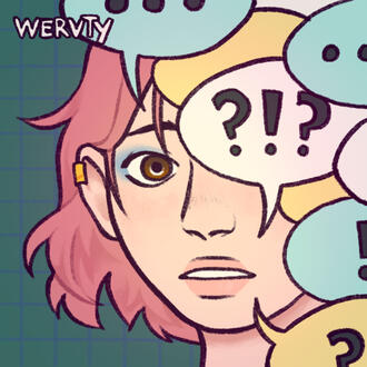 A picrew of a white person with short pink hair looking surprised as speech bubbles obscure her face.