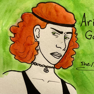 A drawing of a white woman with red hair, scowling.
