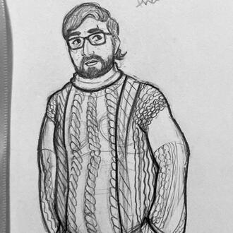 A drawing of a white woman with red hair, scowling.