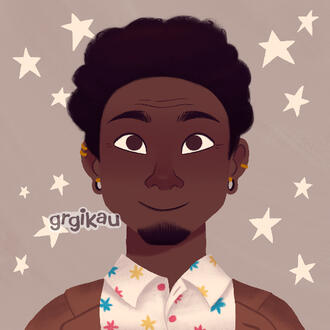 A picrew of a Black man with short hair, a goatee, and earrings.