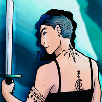 A drawing of a white woman with blue hair and an undercut, holding a sword.