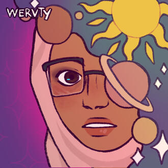A picrew of an Arab woman with a pink hijab. Her face is partially obscured by space imagery.